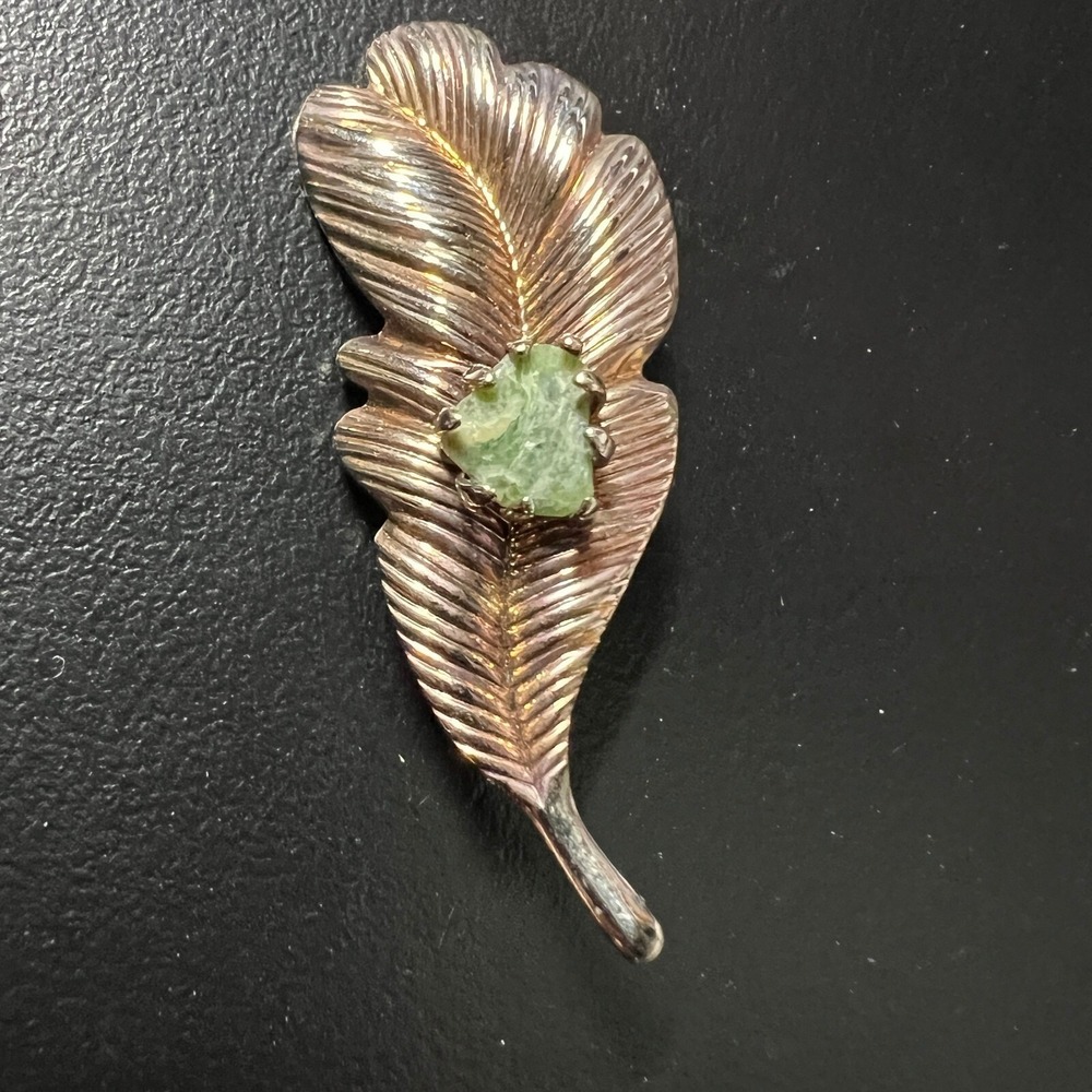Vintage Leaf Brooch Copper Silver Tone Green Stone Accent Pin